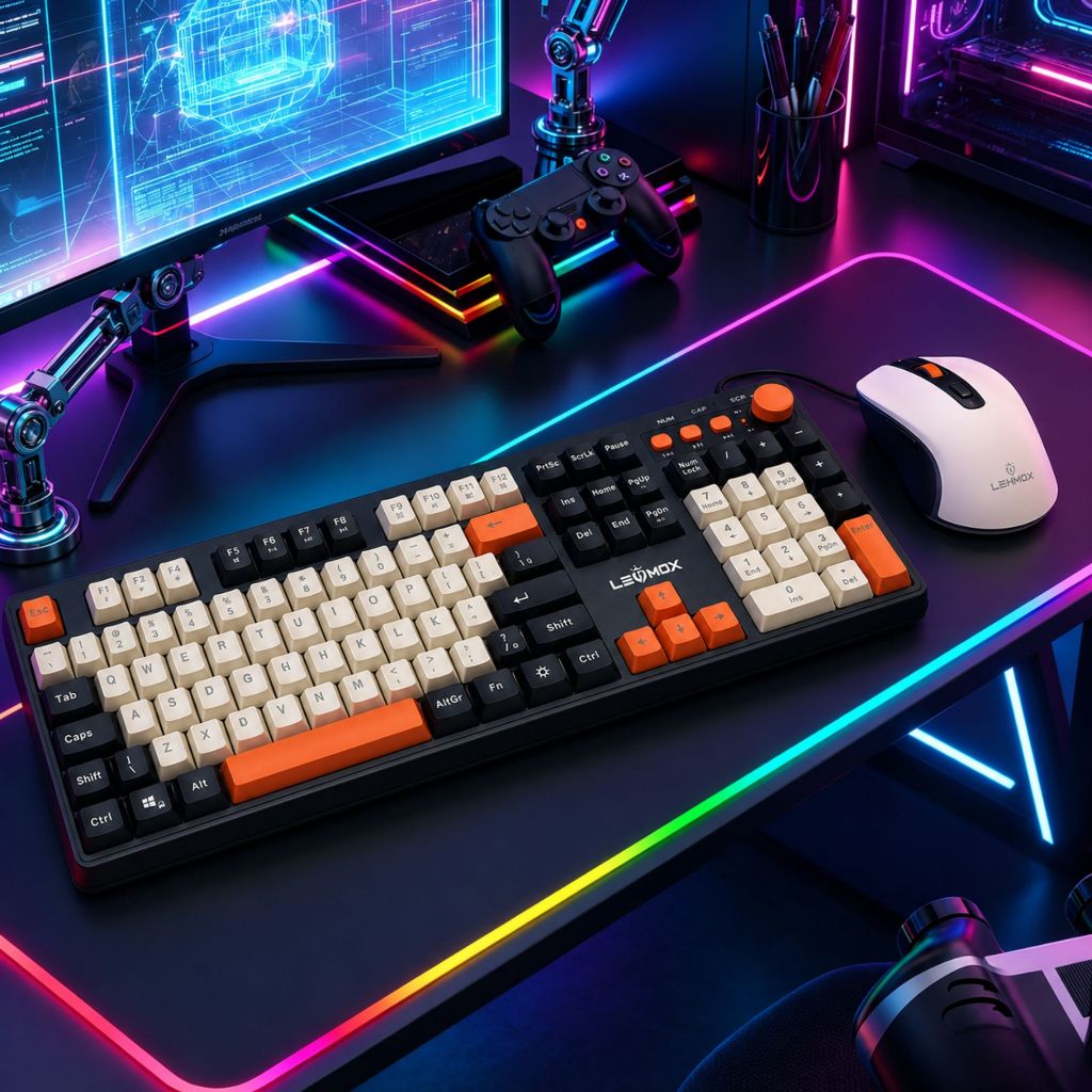 Kit Gamer Profissional Teclado e Mouse Retroiluminado Luz LEd RGB Membrana Silencioso Com Fio USB Laranja Preto