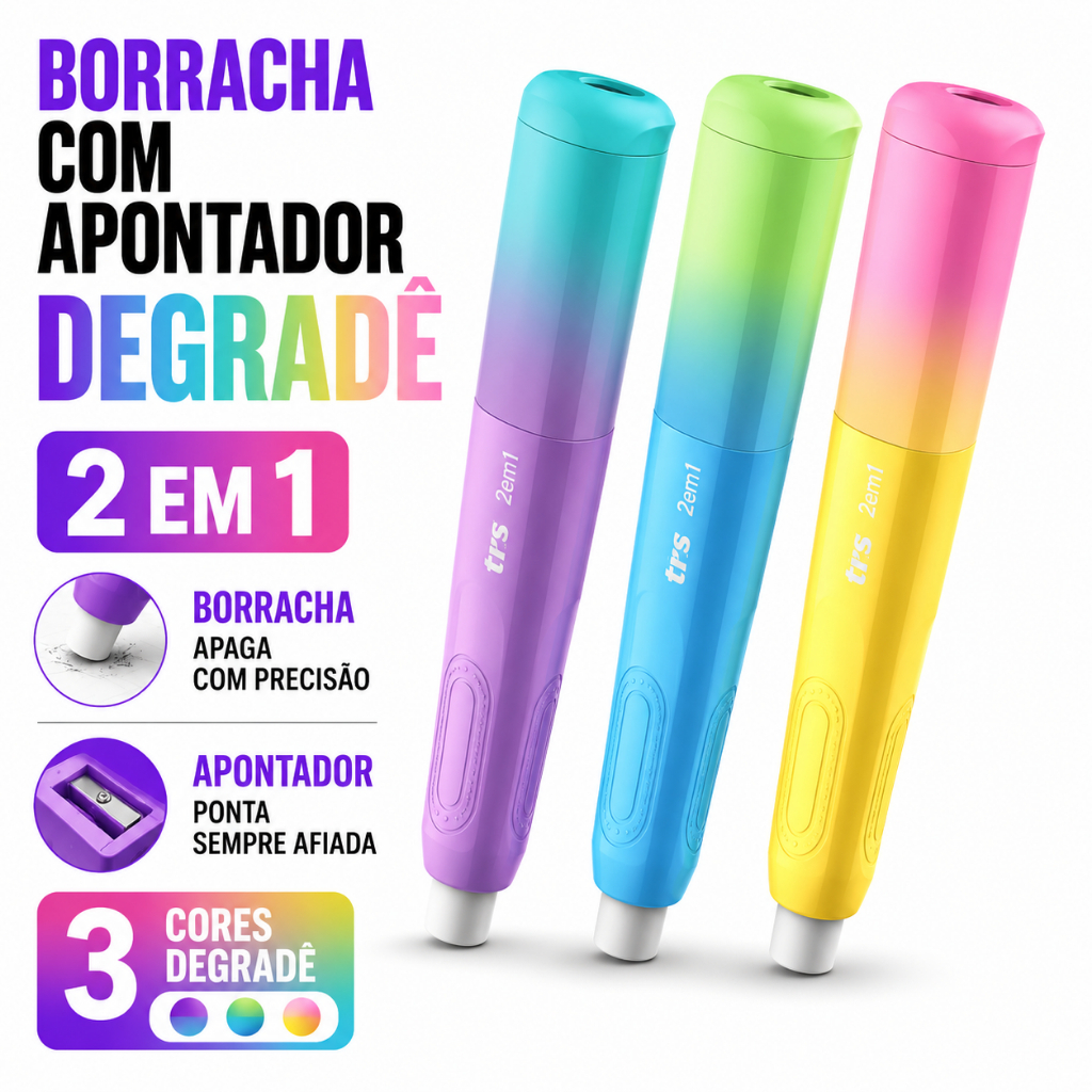 Borracha com Apontador 2 em 1 Degradê Trendz TRIS com Depósito Escolar Fofo
