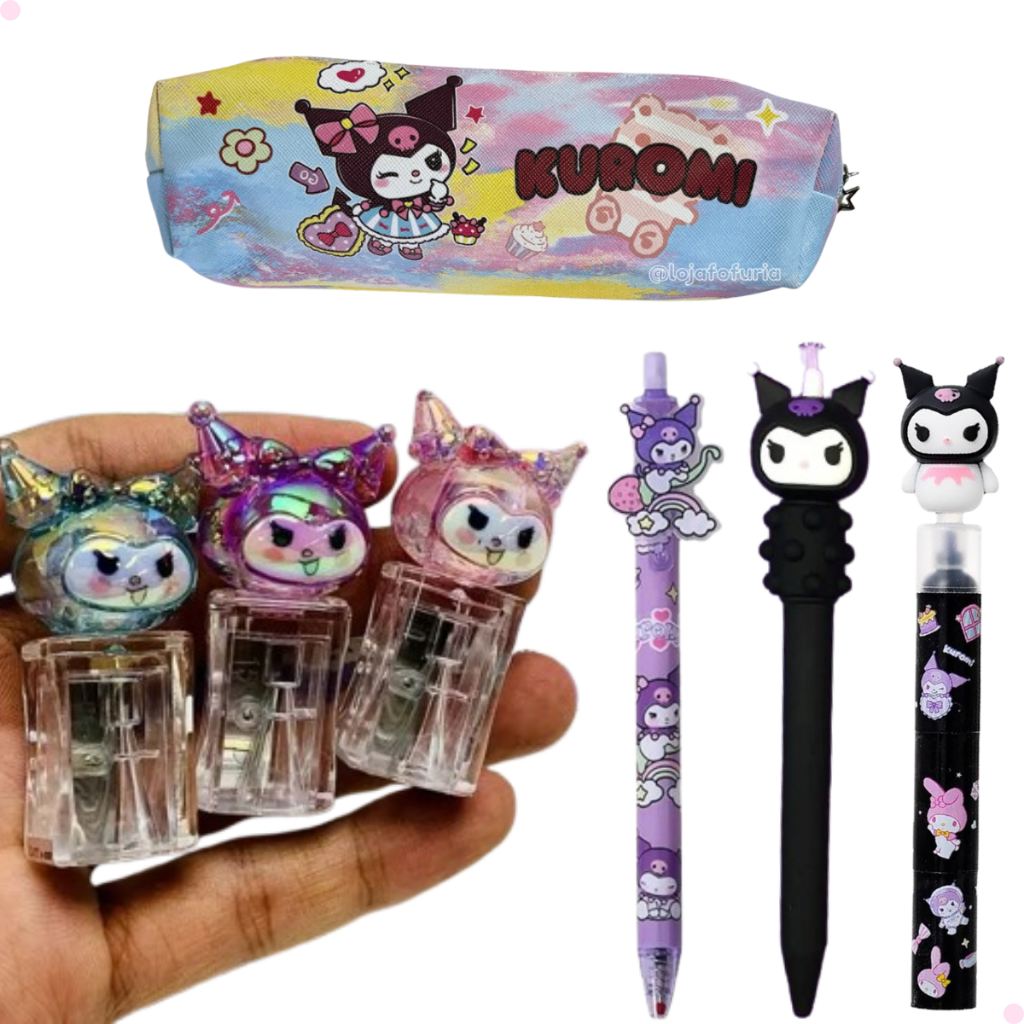 Kit Kuromi Caneta Estojo Apontador Lápis Marca Texto Sortido Completo 05 Unidades
