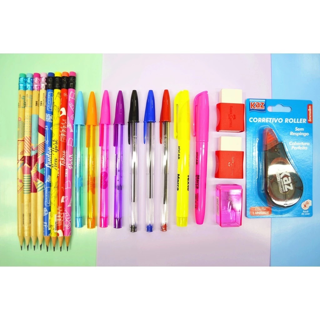 KIT Caneta Lápis Apontador Borracha Marca Texto Papelaria. (14)