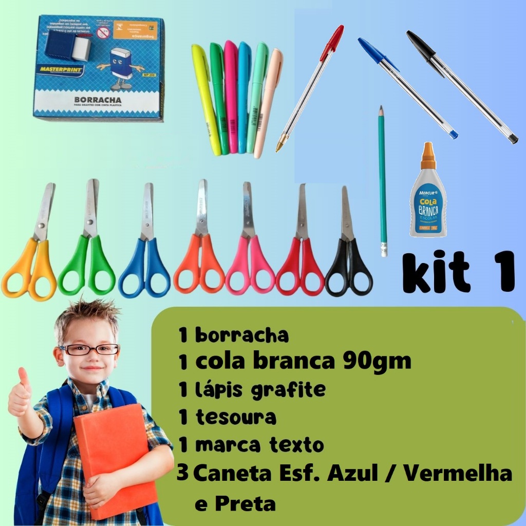 Kit 1 Escolar Lápis Grafite Caneta Esf. Caneta Marca Texto Borracha Tesoura e Cola Branca