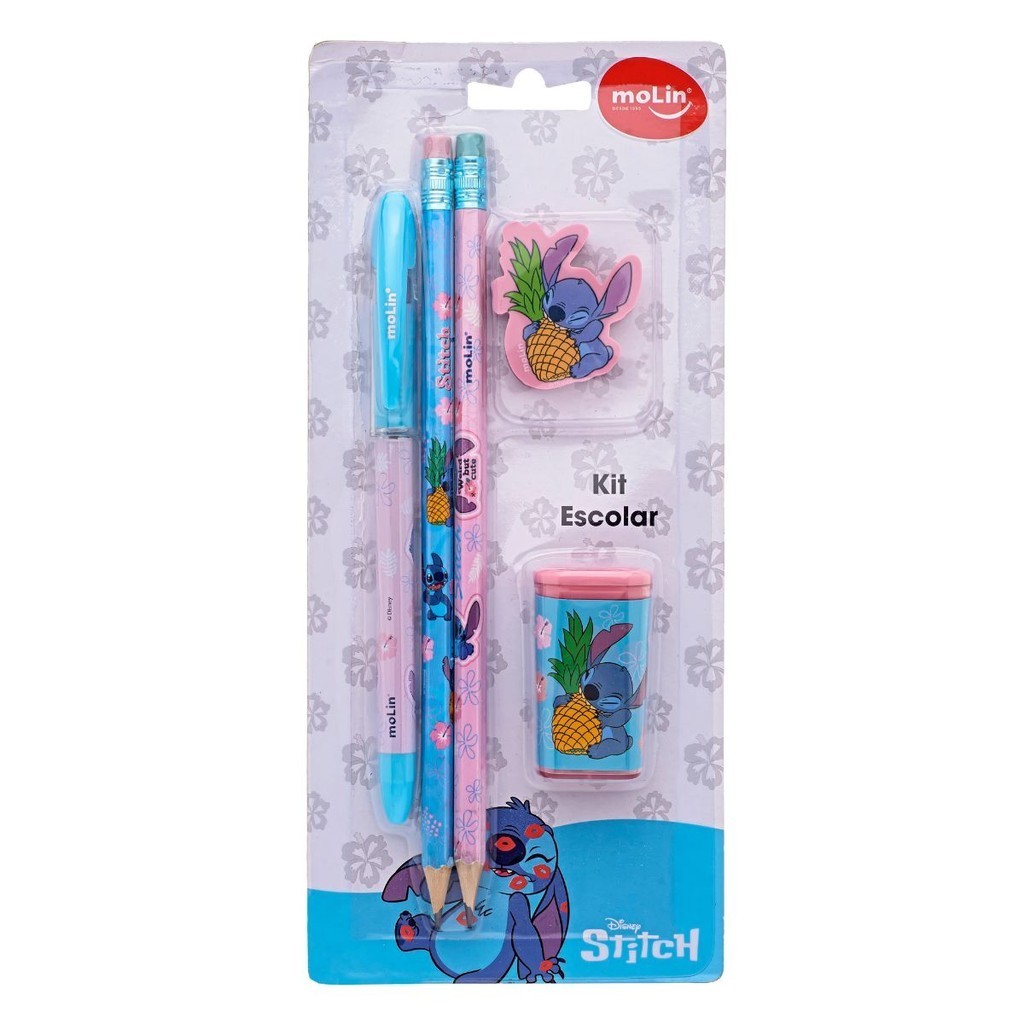 Kit Escolar 5 peças Lilo Stitch Lapis Caneta Apontador Borracha
