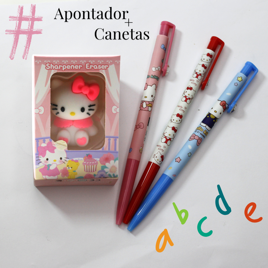 Canetas Personalizadas Ponta Fina Azul, Apontador Hello Kitty Material Escolar Fofinhos