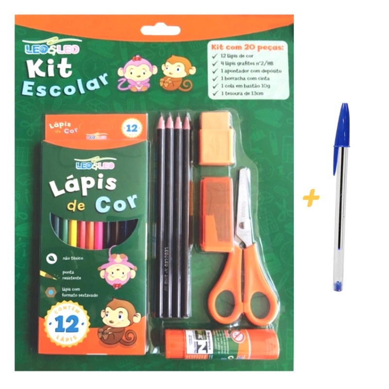 kit escolar volta as aulas para crianças vem com 4 lápis lápis de cor tesoura apontador borracha cola e caneta bic