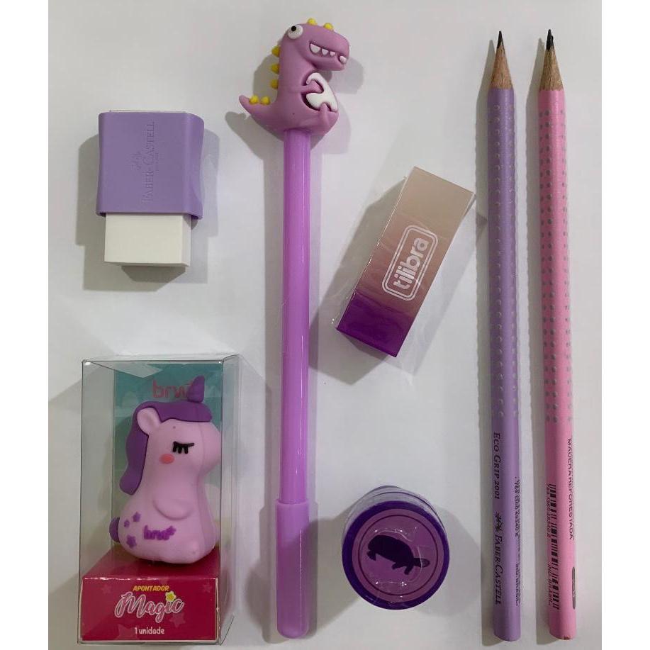 Kit combo escolar 1 caneta + 2 lápis + 2 borrachas +  1 apontador + 1 carimbo Faber-Castell