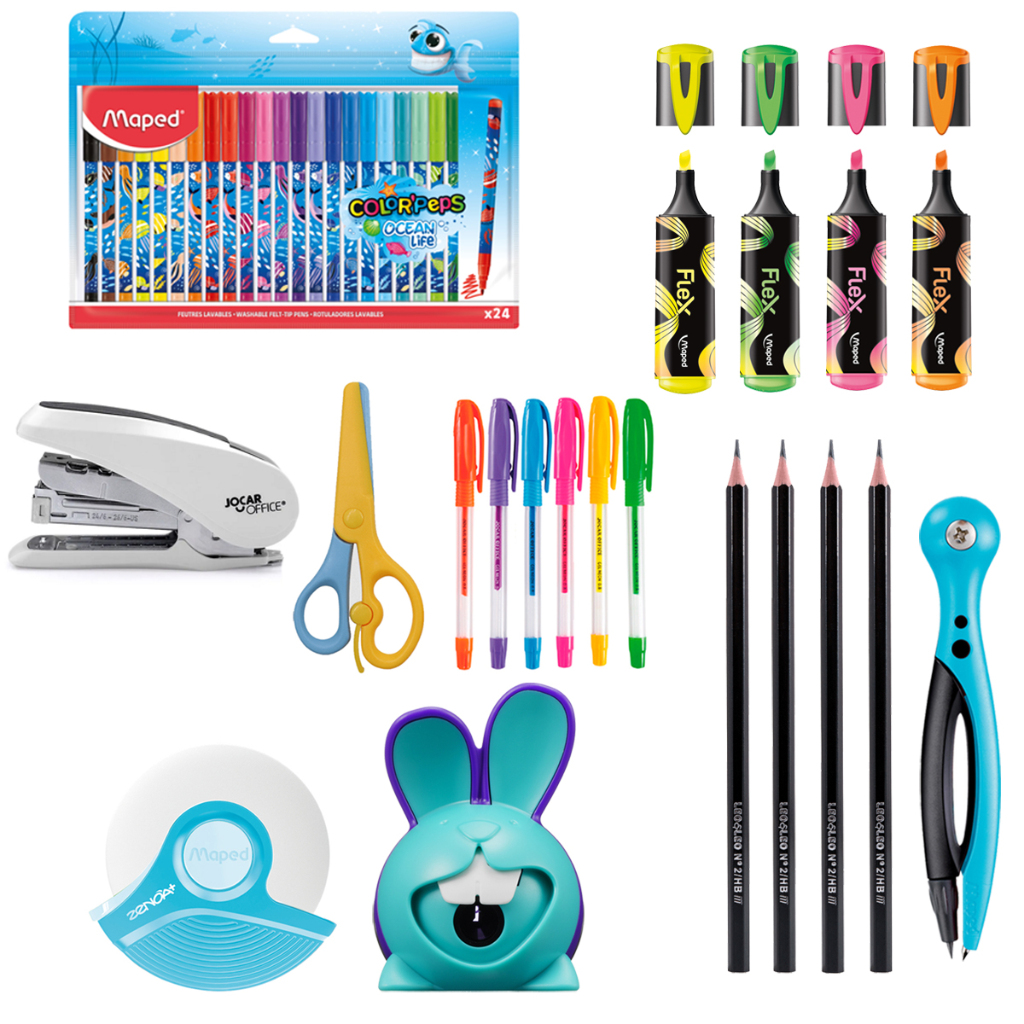 Grampeador Tesoura Marca Texto Canetas Gel Compasso Escolar - Maped Leo e Leo