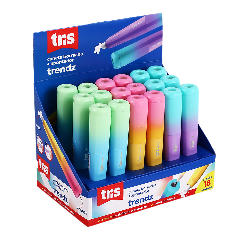 CANETA BORRACHA + APONTADOR TRIS TRENDZ 2 EM 1