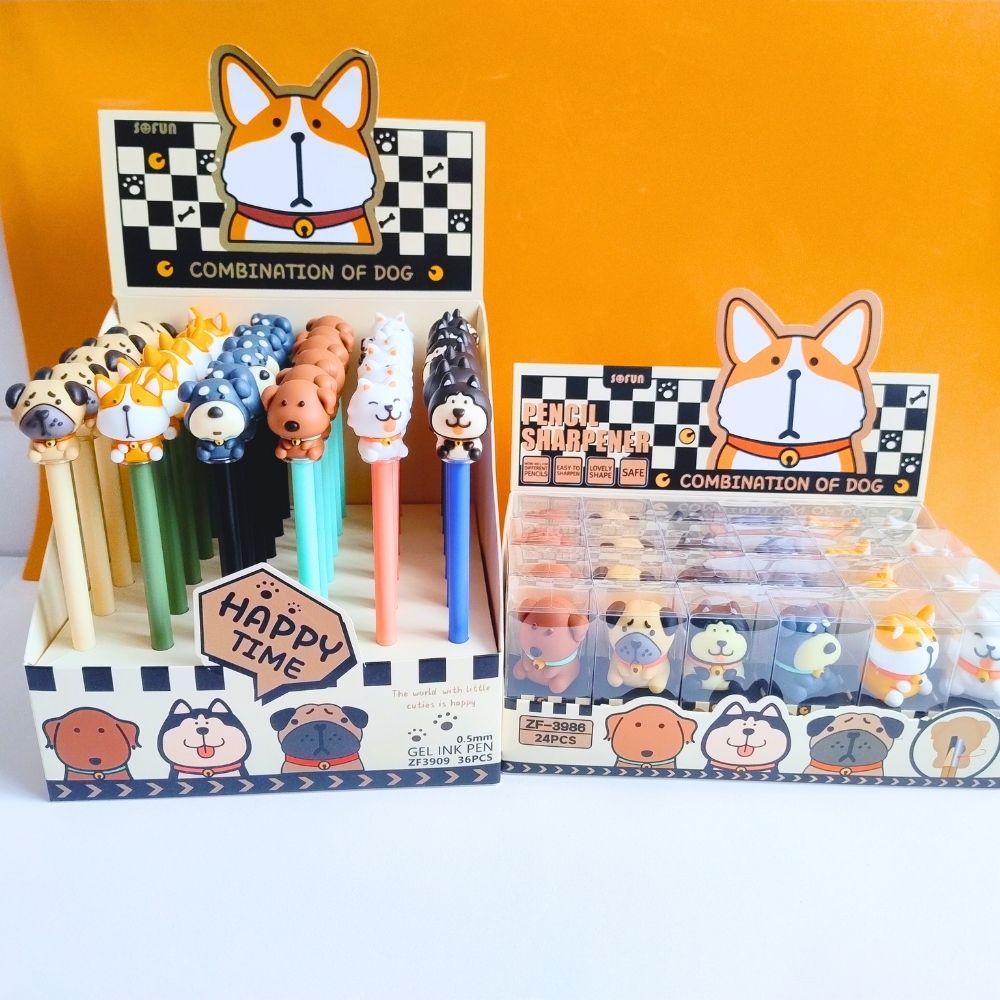 Kit Caneta em Gel e Apontador Escolar Pet / Cachorro, Gatinho / Papelaria Fofa