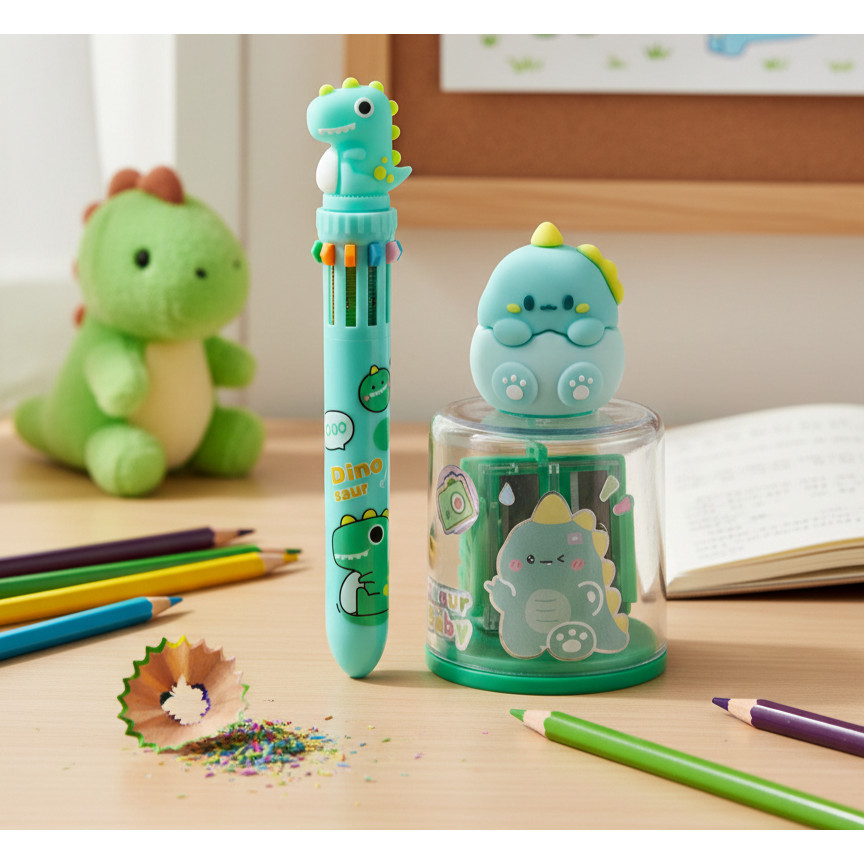 Kit Dino Apontador Duplo C/ Depósito + Caneta 10 Cores Volta às Aulas
