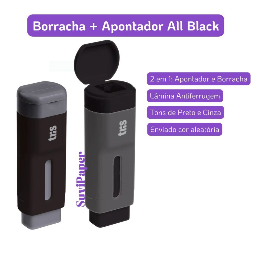 1 Caneta Borracha + Apontador Tris Holic All Black 2em1 Elegante e Compacta