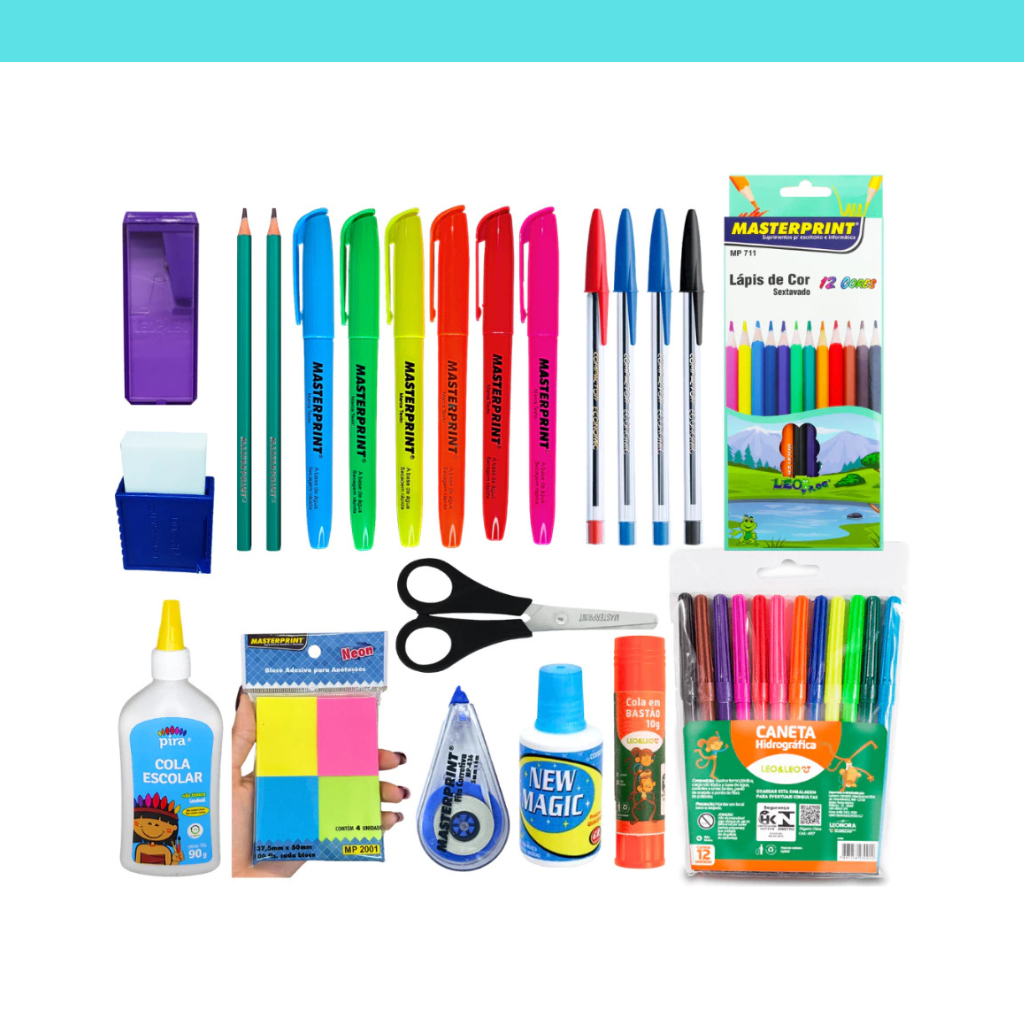 kit 47 Itens Material Escolar Volta aulas ensino fundamental médio Básico caneta lápis marca texto borracha corretivo 02