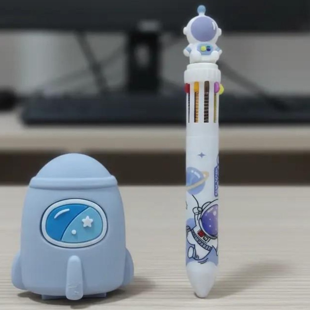 Kit Foguete Astronauta Menino Apontador Duplo Borracha + Caneta 10 Cores Volta às Aulas