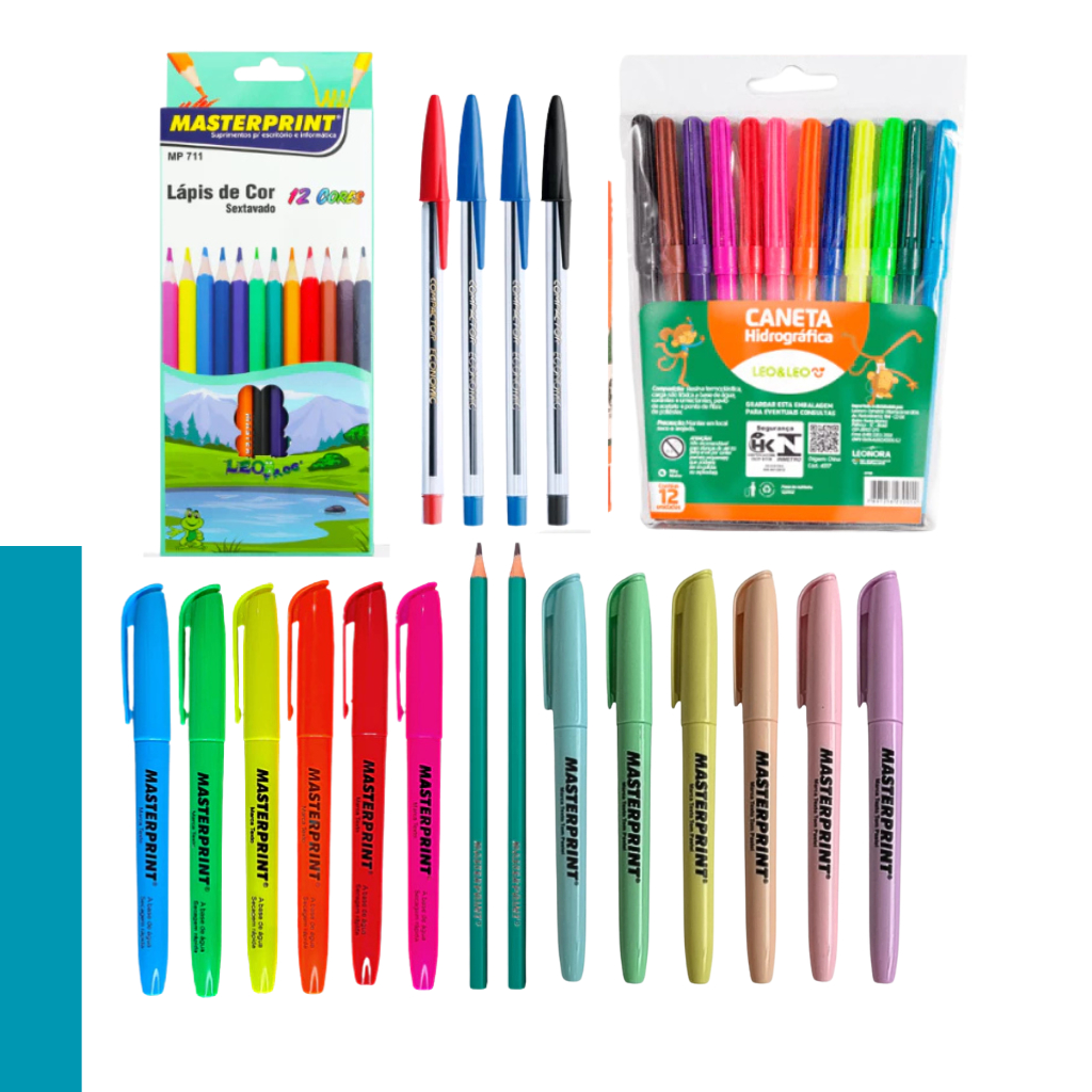 kit 42 Itens Material Escolar Volta as aulas ensino fundamental médio Básico caneta lápis marca texto neon canetinhas 45