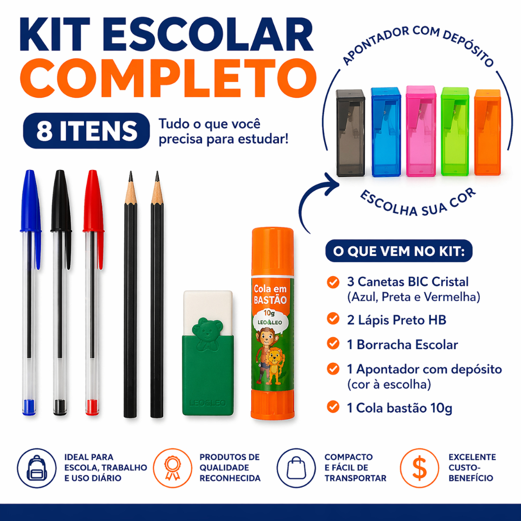 Kit Material Escolar Completo 8 Itens Canetas Lápis HB Borracha Apontador Cola Bastão Volta às Aulas