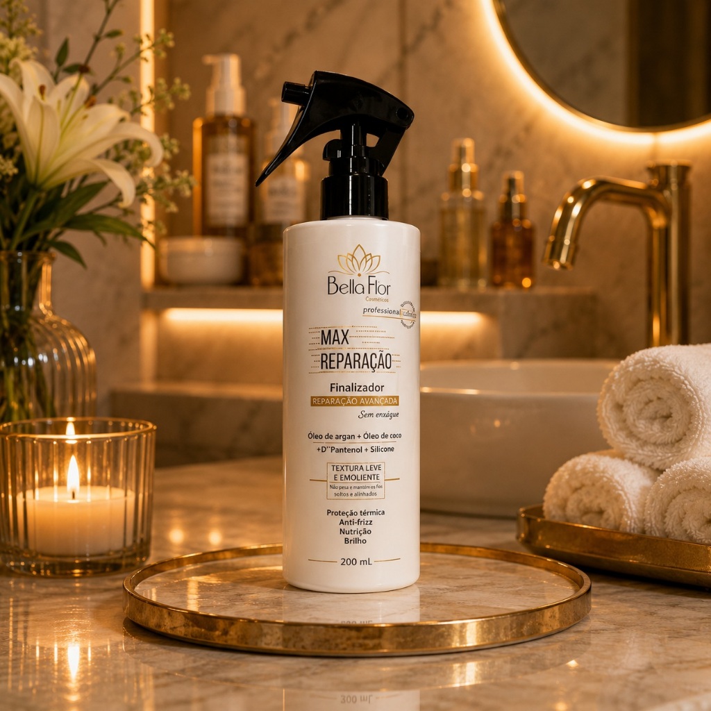 Reparador de Pontas 250ml Protetor Térmico Anti-Frizz D-Pantenol Óleo de Argan e Coco Bella Flor Finalizador