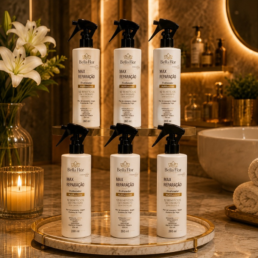 Kit 6 Reparador de Pontas 250ml Protetor Térmico Anti-Frizz D-Pantenol Óleo de Argan e Coco Bella Flor Finalizador