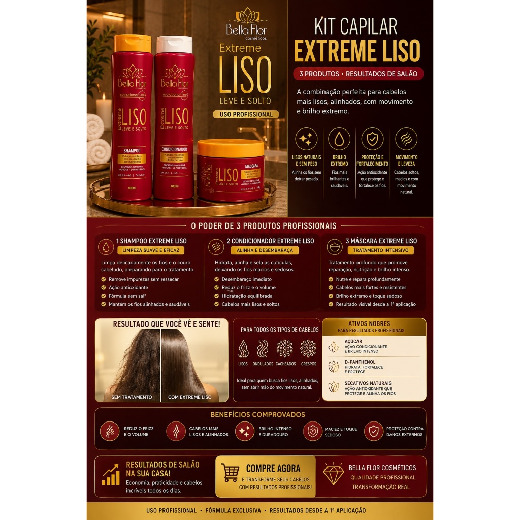 Kit Capilar Liso Extremo 3 Produtos Shampoo Condicionador Máscara Bella Flor Alinhamento Anti-Frizz Profissional
