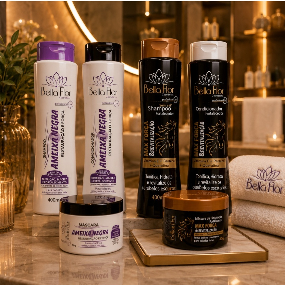 2 Kits Capilares Ameixa Negra e Força 6 Produtos Shampoo Condicionador Máscara Bella Flor Hidratação Brilho Profissional