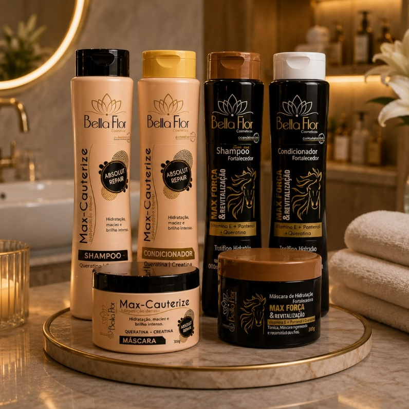 2 Kits Capilares Cauterize e Max Força 6 Produtos Shampoo Condicionador Máscara Bella Flor Fortalecimento Brilho