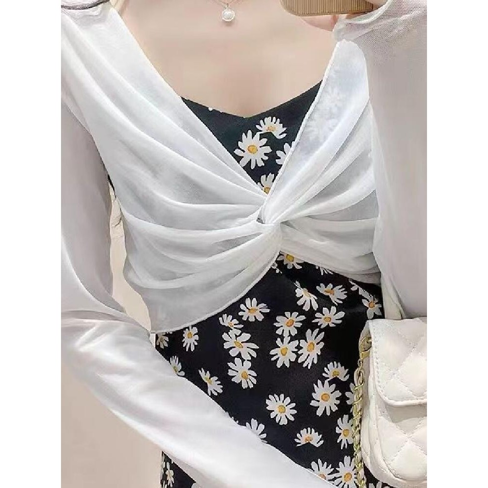 Protetor solar xale Suspender saia exterior blusa gaze fina novo estilo casaco topo 2025 feminino renda branca verão