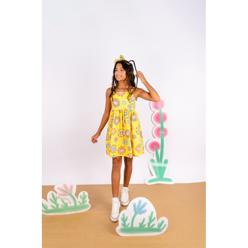 Vestido infantil alça amarelo tropical