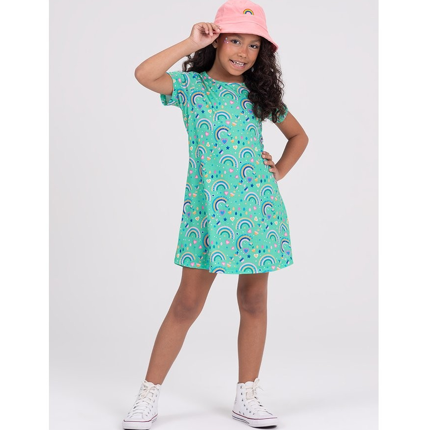 Vestido Infantil Sublimado Arco-íris Aqua