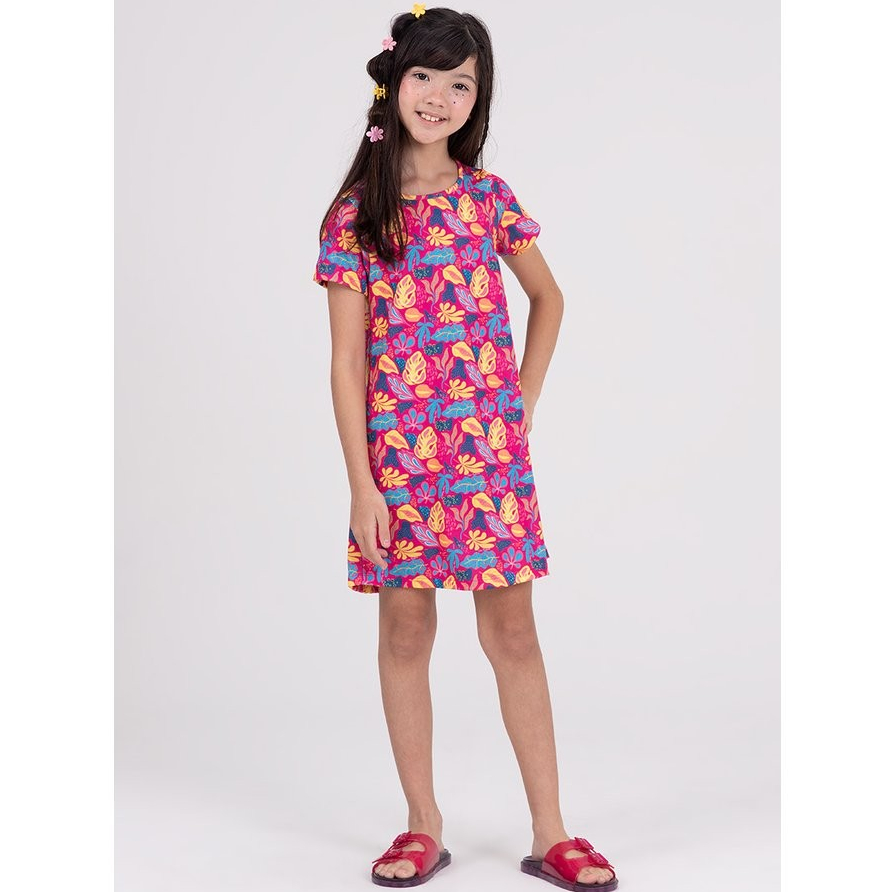 Vestido Infantil Sublimado Folhagens Rosa