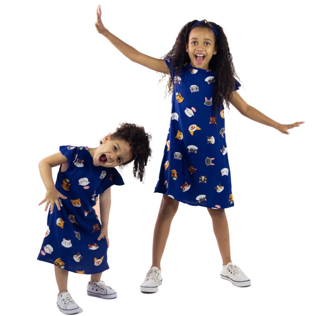 Vestido Infantil com Mangas Franzidas e Estampa de Gatinhos