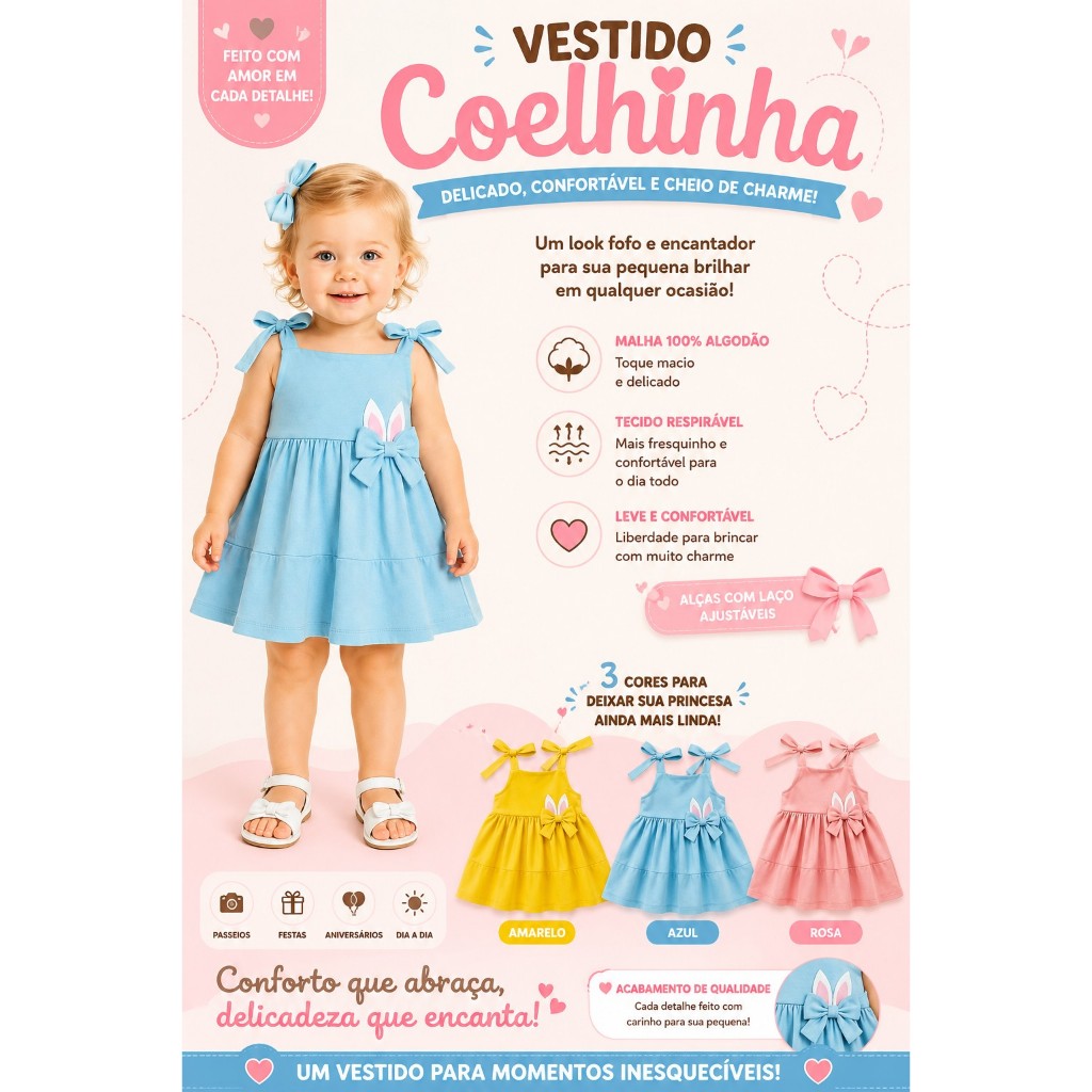 Vestido Páscoa infantil para bebê de 3 meses a meninas de 5 anos confortável modelo princesa