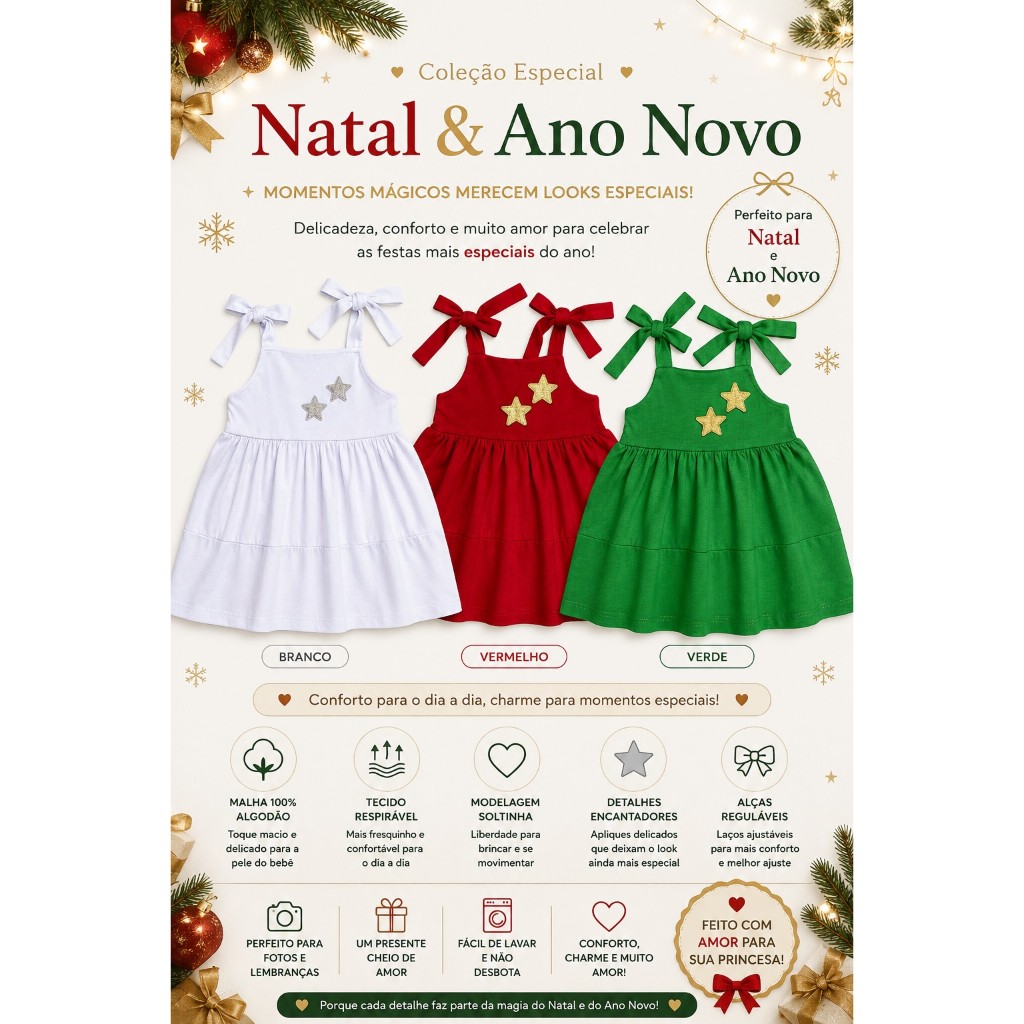 Kit 3 Vestidos Natal e Ano Novo bebê de 3 meses a meninas de 3 anos confortável modelo princesa