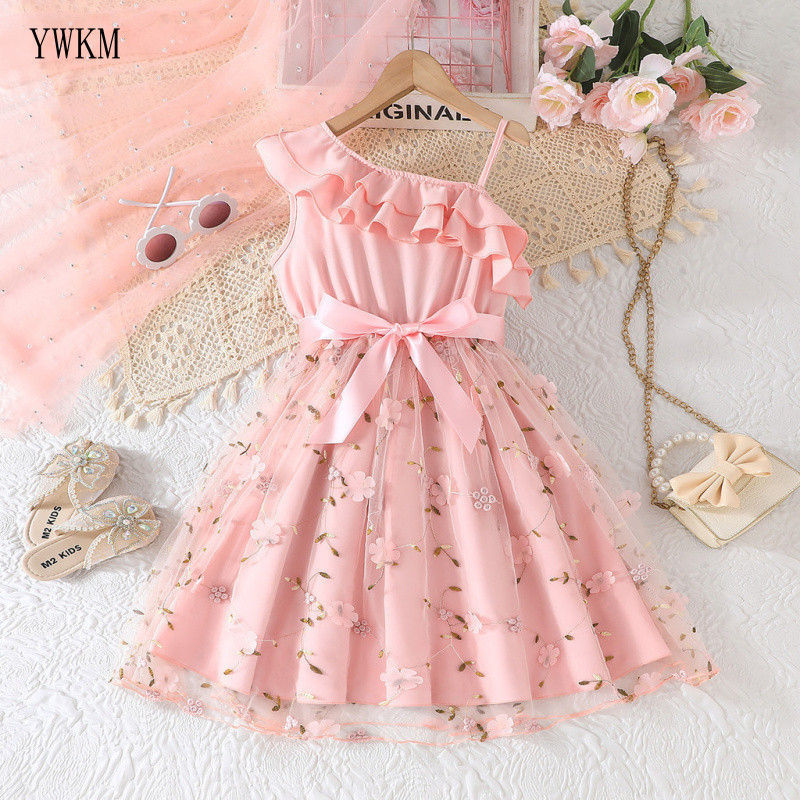 Vestido Infantil para Meninas de 8 a 12 Anos, Moda de Verão, Sem Mangas, Ombros Vazados, Babados, Bordado Floral, Vestid