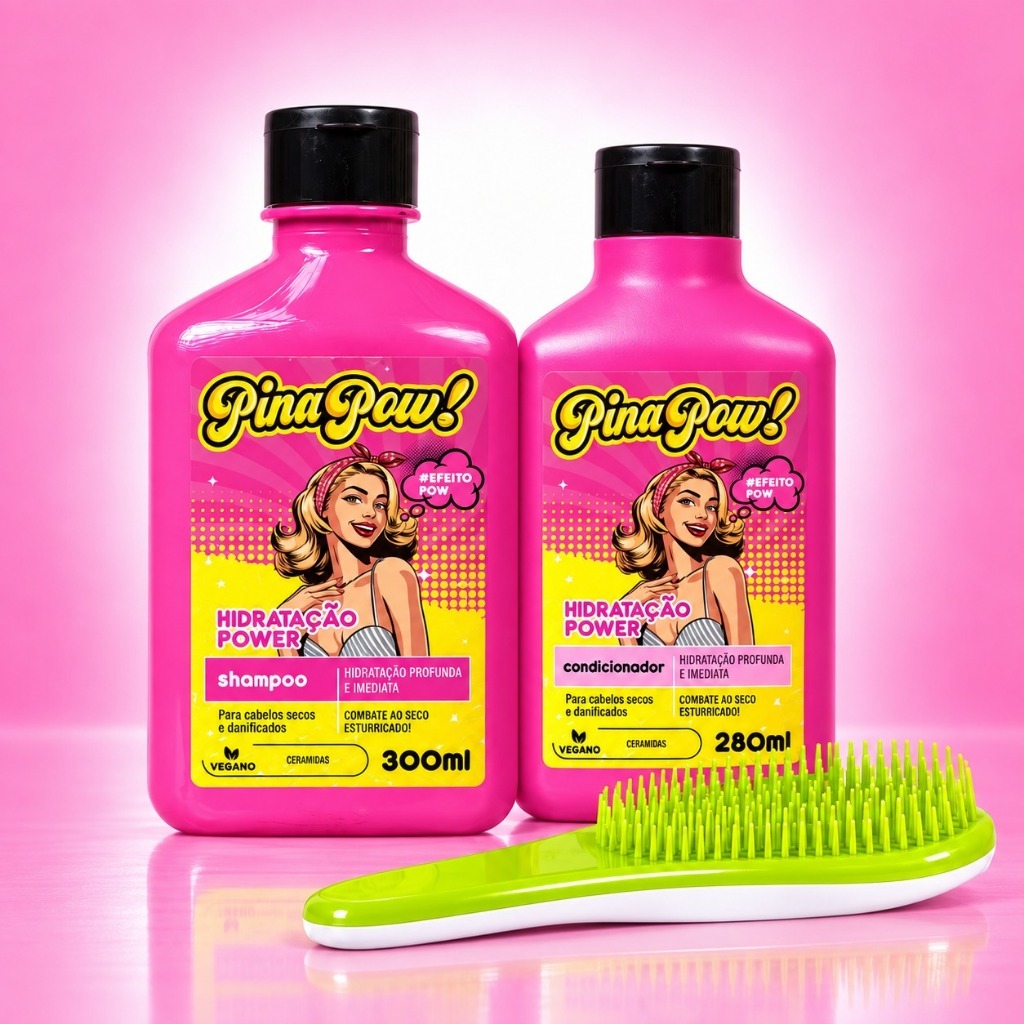 Kit Pinapow Hidratação Power | Shampoo + Condicionador + Escova | Hidratação Profunda, Reparação, Maciez e Brilho