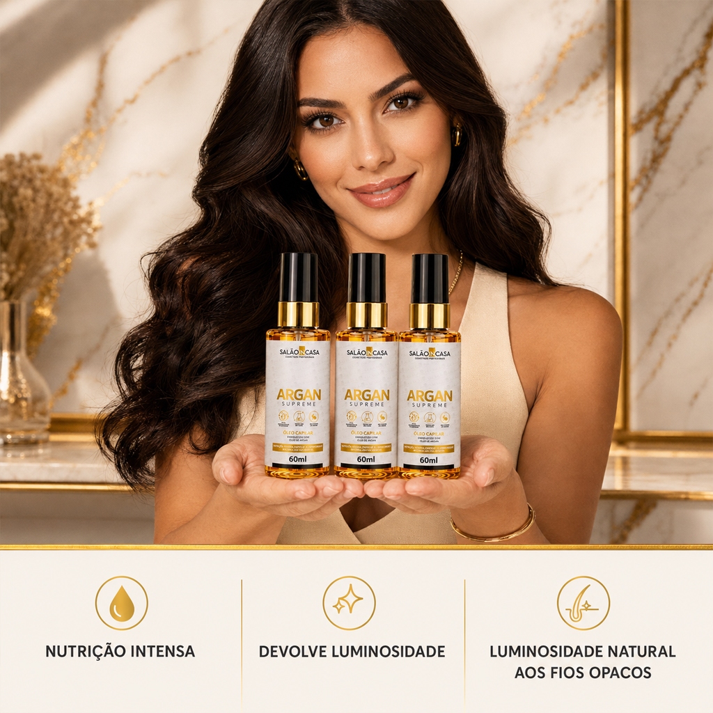 Kit 3 Óleos de Argan 60ml Nutrição Profunda Brilho Intenso Proteção Térmica Salão In Casa