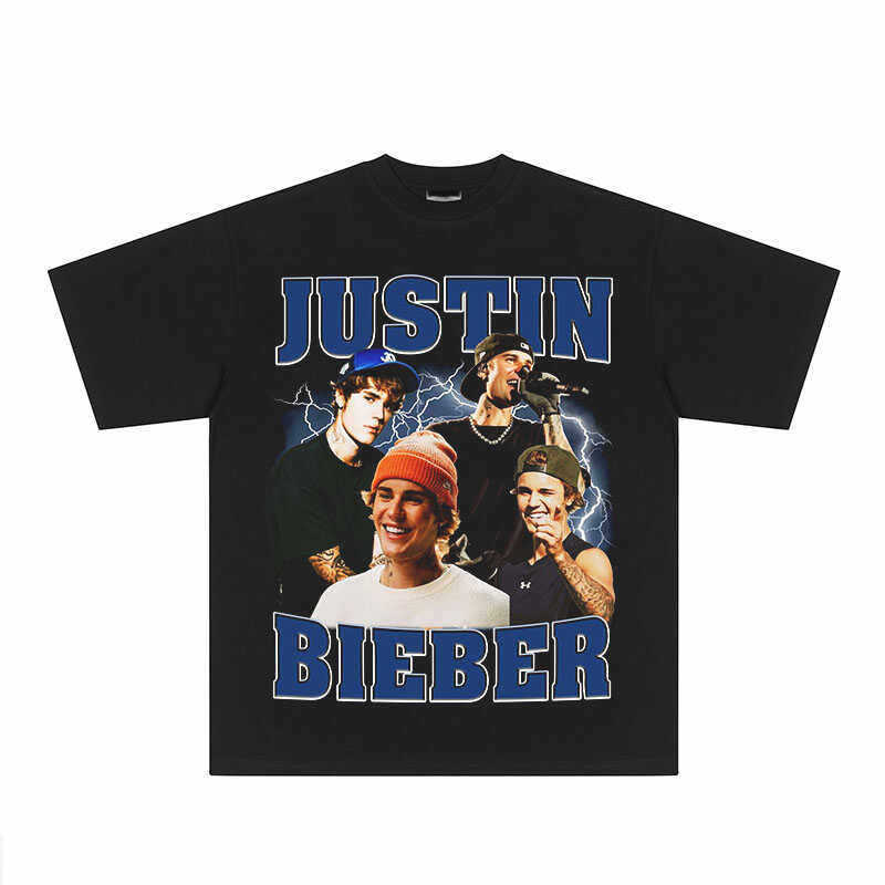 Camiseta Unissex Justin Bieber Estampa Retrô Americana Algodão Largo Confortável Estilosa Vintage Moda Casual
