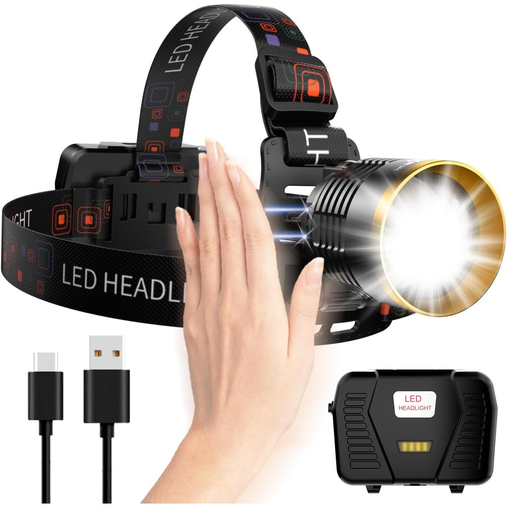 Rechargeable Headlamp LED, 1000 Lumens Super Bright Headlamp with Motion Sensor & Dual Light, Waterproof Head Light Zoom