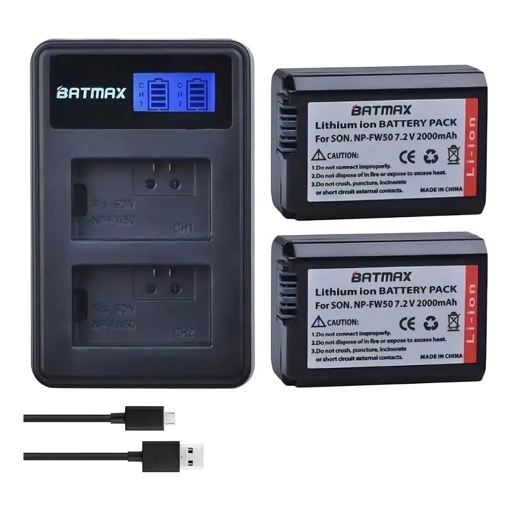 Carregador Duplo USB para Sony NP-FW50 com 2 Baterias 2000mAh - ZV-E10 A6000 A6400 A6500 A7