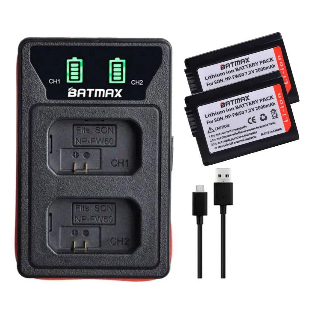 Kit 2 Baterias NP-FW50 Batmax 2000mAh + Carregador Duplo USB Sony A6400 A6300 A6500 ZV-E10