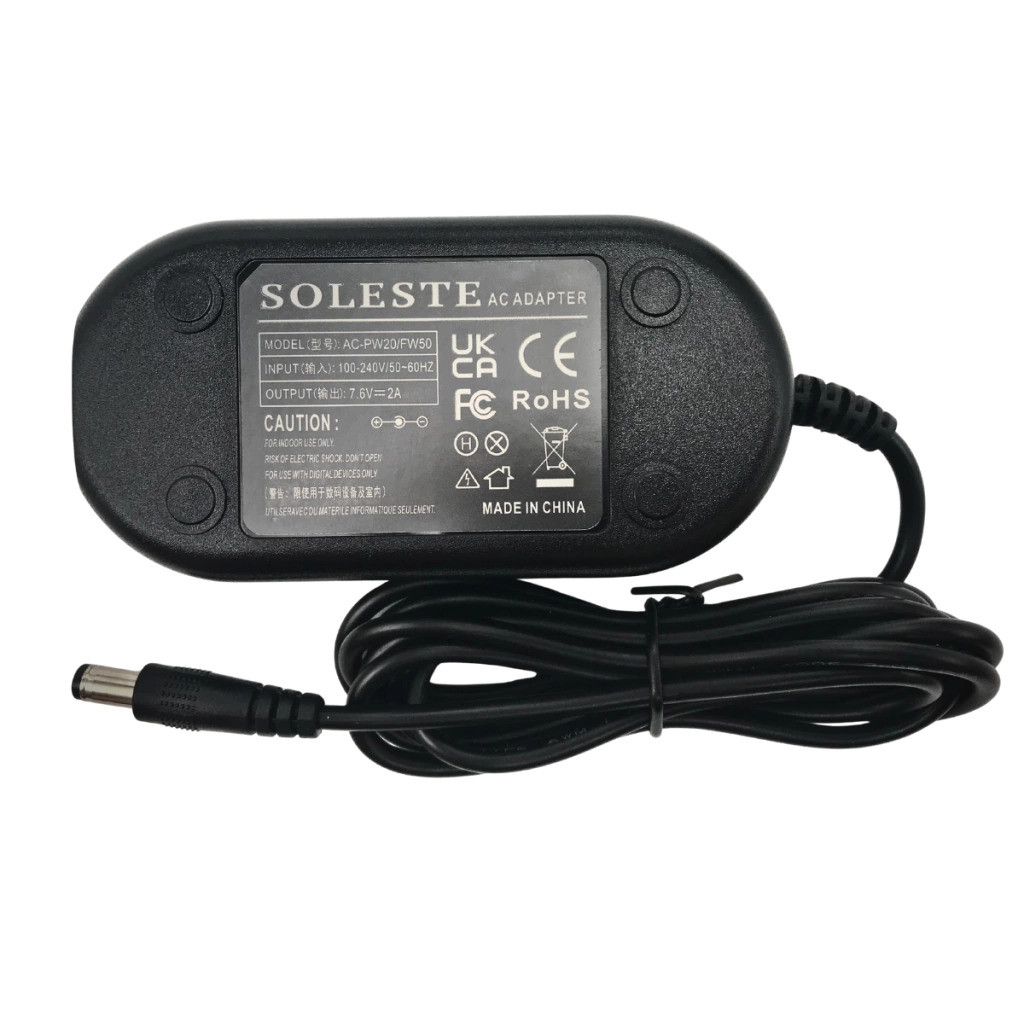 Fonte de alimentação Soleste AC-PW20 com Dummy Battery (NP-FW50) 7.6V 2A para Sony A6500, A7, A7, ZV-E10, RX10...