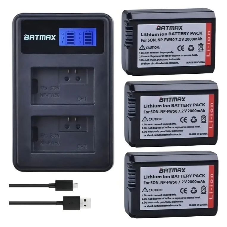 Carregador Com 3 Baterias Batmax Para Sony Np-fw50+a6500 A7s2 A6000