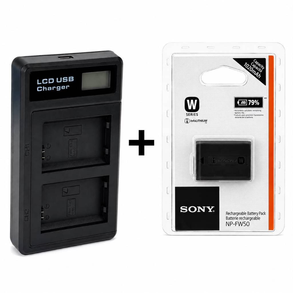 Kit Bateria Np-fw50 + Carregador Duplo Compativel com a Sony Np-fw50 A55 A35 A33 Nex-7 Nex-5 Nex-3 A6500