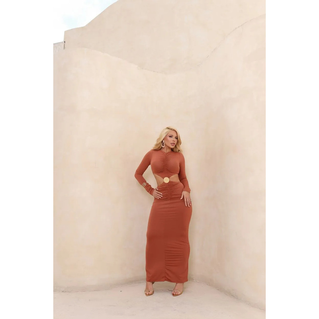 Vestido Longo Manga Longa Poliamida Plissado Aro Central Lux