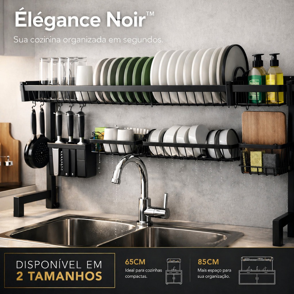 Escorredor Louça Suspenso Sobre Pia Grande Preto Aço Inox Organizador Cozinha Porta Pratos Talheres