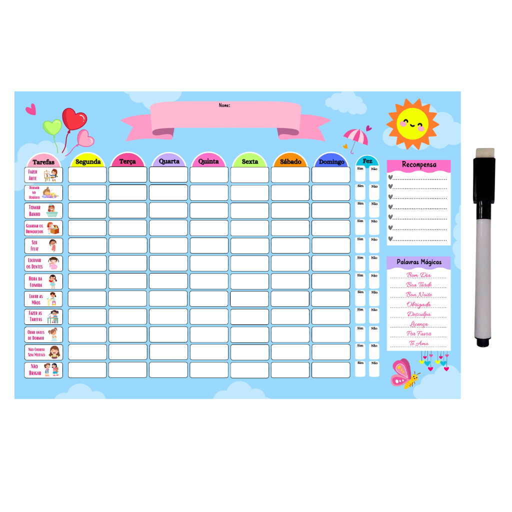 Quadro De Rotina Infantil Recompensa - Quadro de Organização de Atividade e Incentivo - Menina