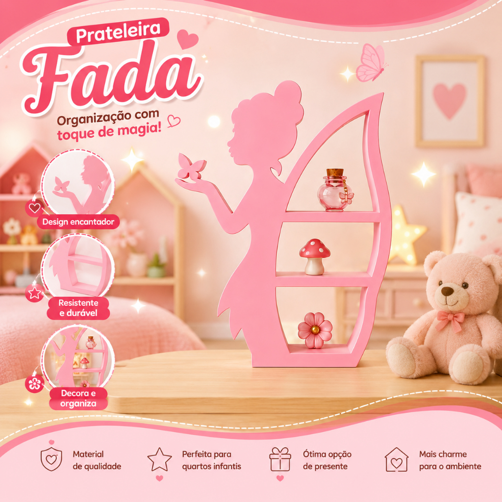 ✨ Prateleira Decorativa Fada Infantil | Nicho Organizador para Quarto de Menina