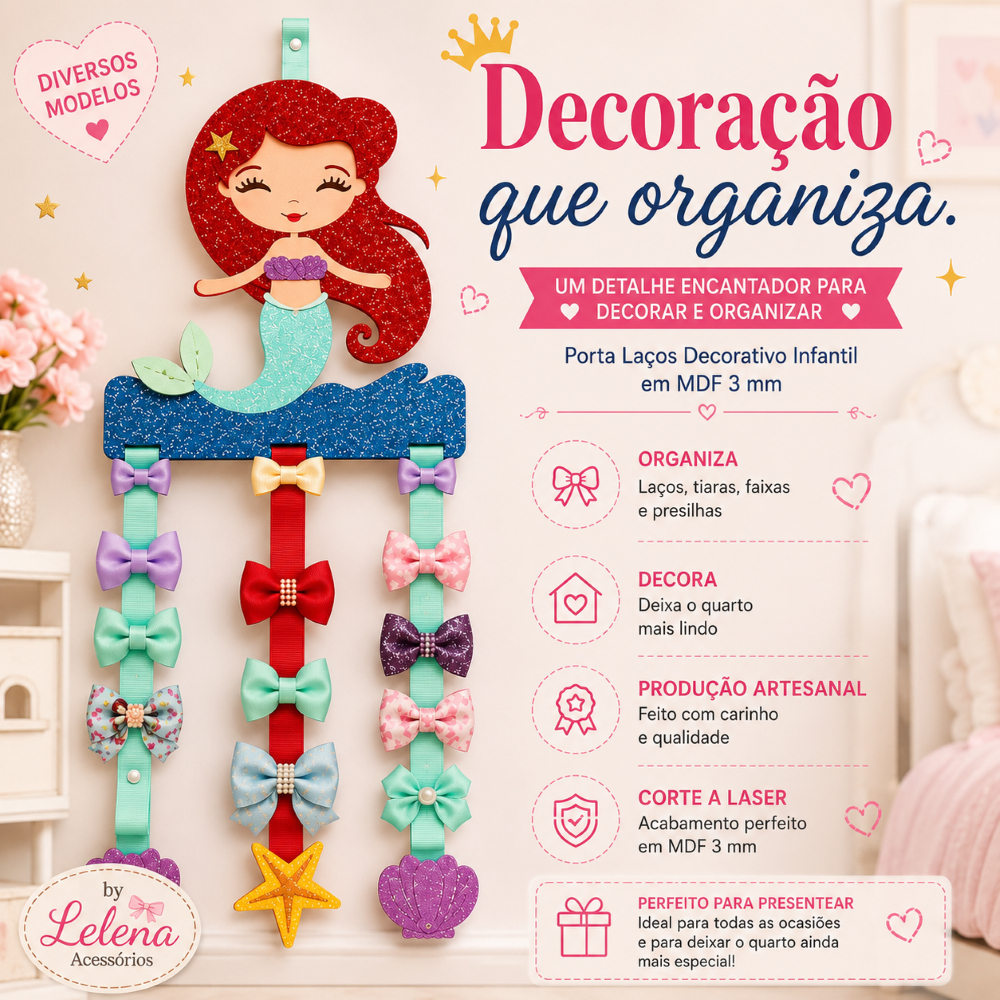 Porta Laços Decorativo Infantil MDF 3mm Organizador de Tiaras e Faixas Decoração Quarto Menina