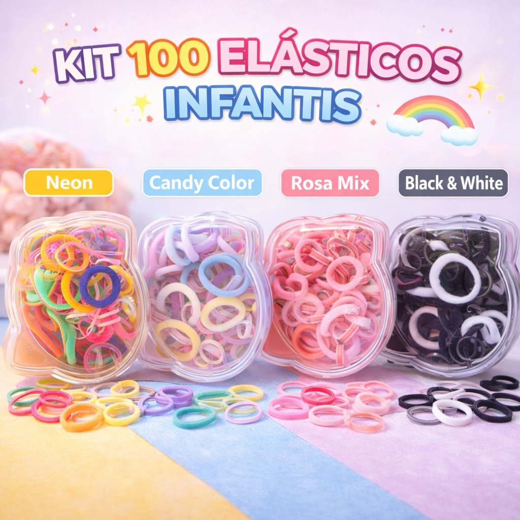 kit 100 xuxinhas + elasticos infantil coloridos com caixinha organizadora cabelo menina.