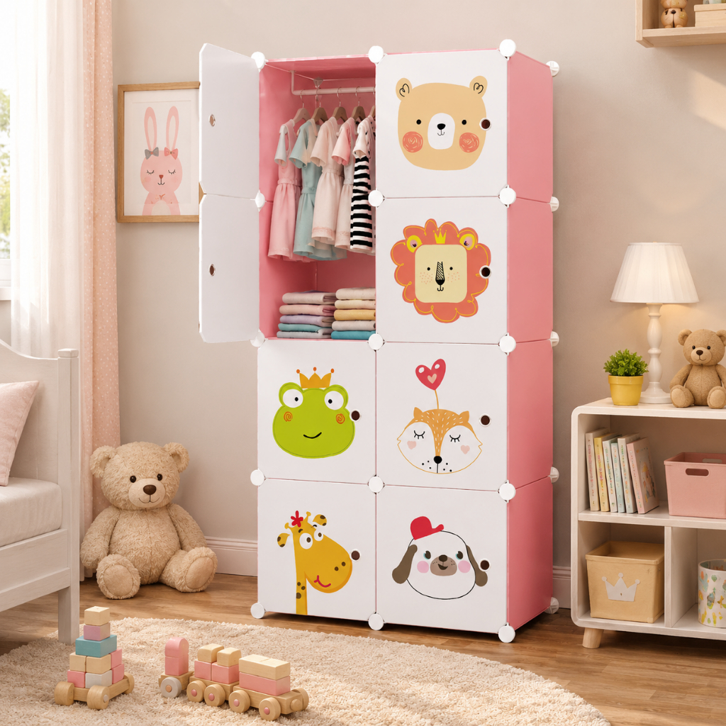 Guarda Roupas Infantil Armário Modular Multiuso Rosa Organizador para Menina Com 7 Divisórias