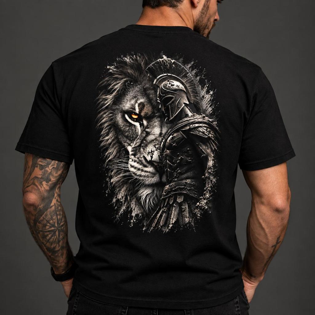 Camiseta Masculina Espartano e Leão – Guerreiro Spartan Estampa Dark Premium nas Costas