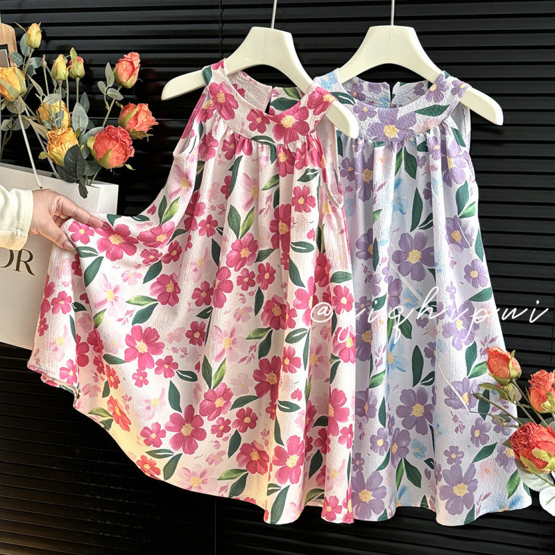 [Estoque Pronto Frete Grátis Tamanho 90-150] Vestido Feminino Floral Estilingue Sem Mangas Respirável Verão Princesa Ver