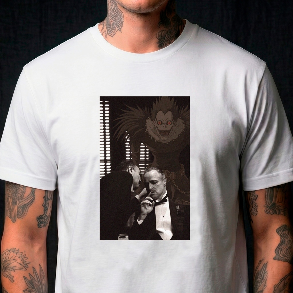 Camiseta Unissex Anime Death Note Ryuk + Godfather Corleone Estampada Cultura Pop Geek 100% Algodão